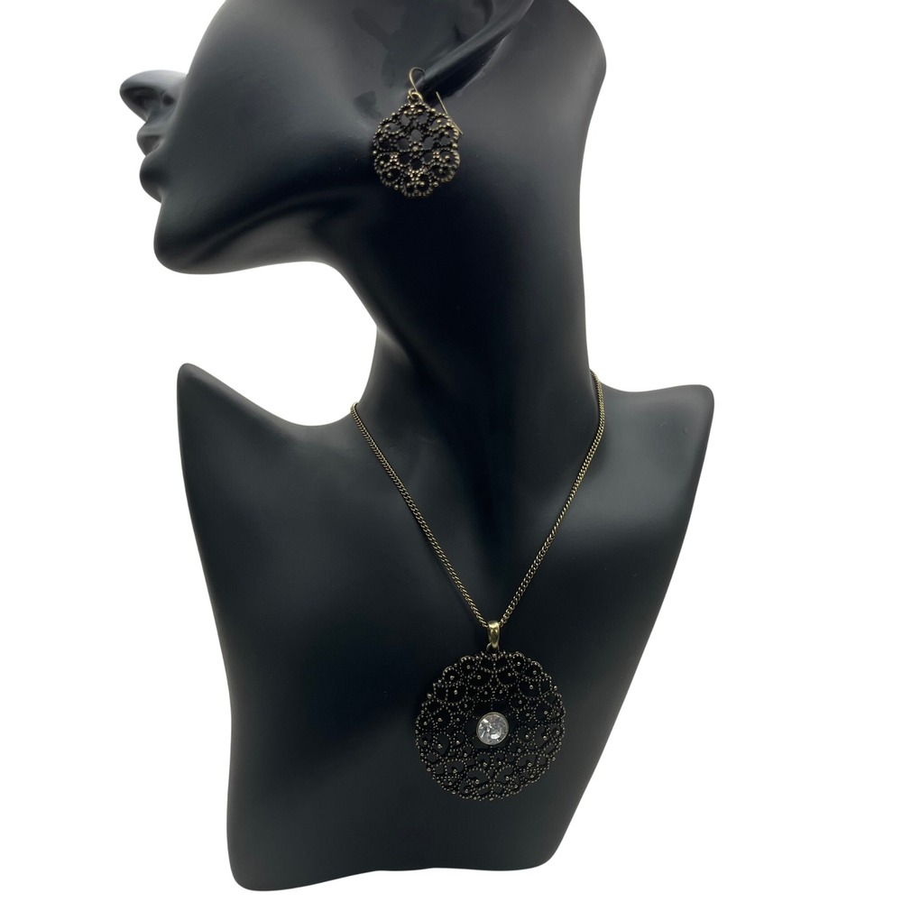 Round Filigree Pendant Necklace & Drop Earrings Set -‎ Rhinestone Center - 29"